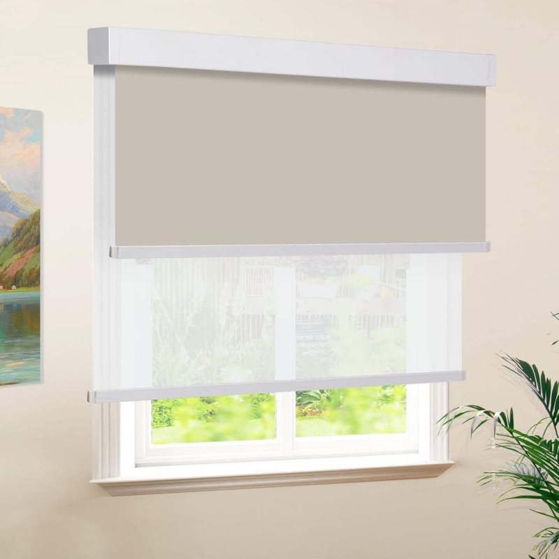 Linen Roller Blind - カスタムコードレス二重層ローラーシェード、光遮断・断熱・プライバシー保護、寝室用マニュアル式ブラインド