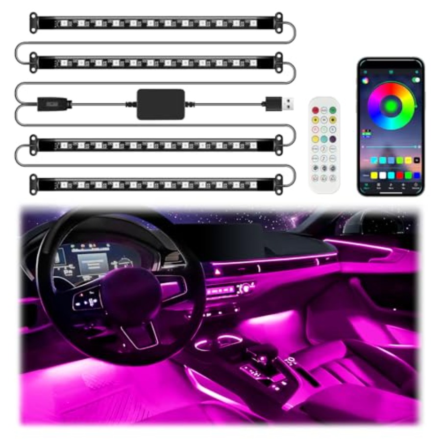 Interior Design Remote - アプリ制御付きスマートカーインテリアLEDライト、DIYモードと音楽モード搭載RGBライト、2ラインデザイン、ワイヤレスリモコン付き
