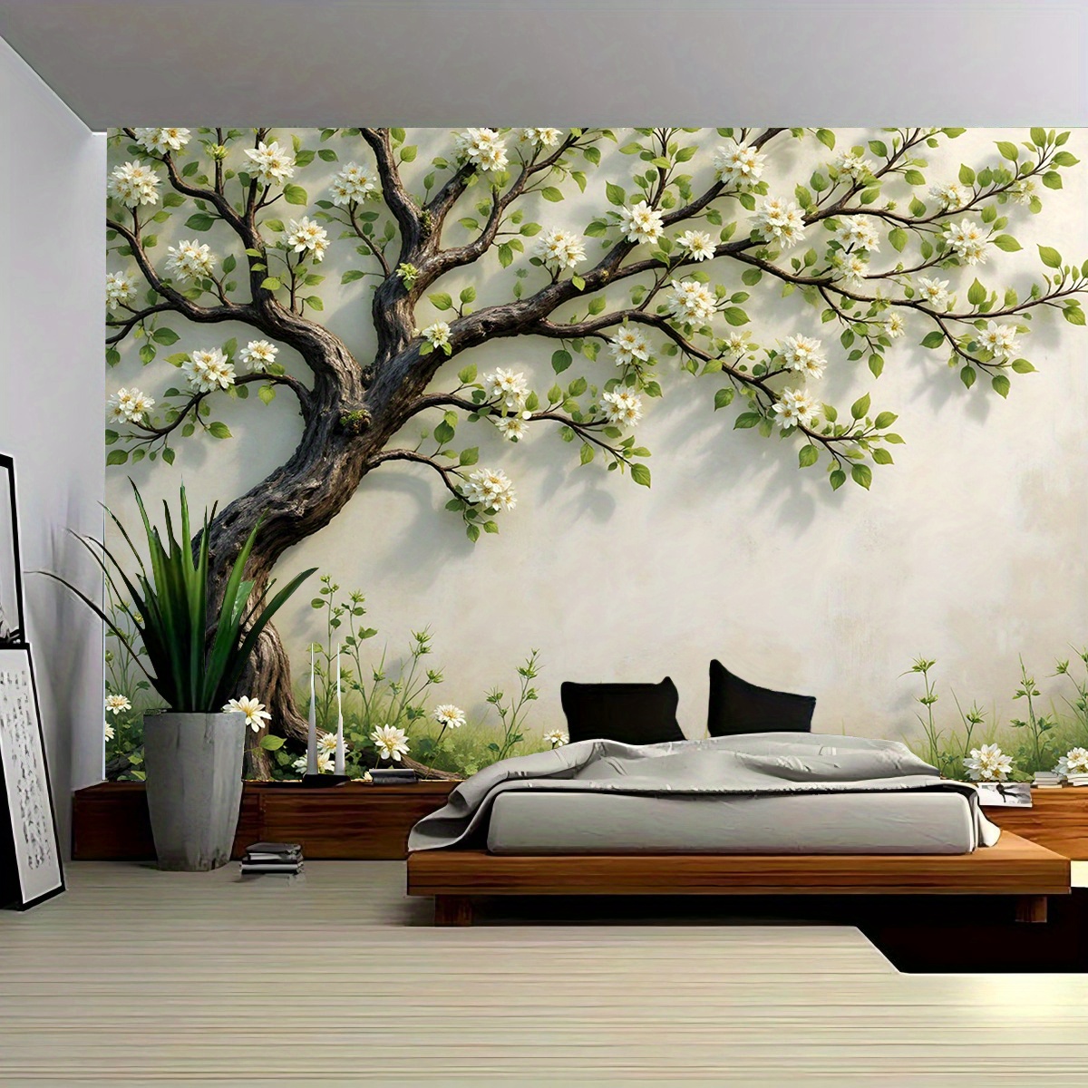 Interior Design Zen Style - 3D開花する木の壁画、寝室やリビングルーム用、自然をイメージした花柄アート装飾、静寂な禅スタイルの家のインテリアデザイン