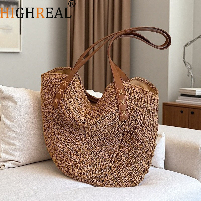Interior Design Bali - 女性の大容量ショルダーバッグ夏わら織りハンドバッグファッション女性高級デザイナービーチバッグバリショッパートート