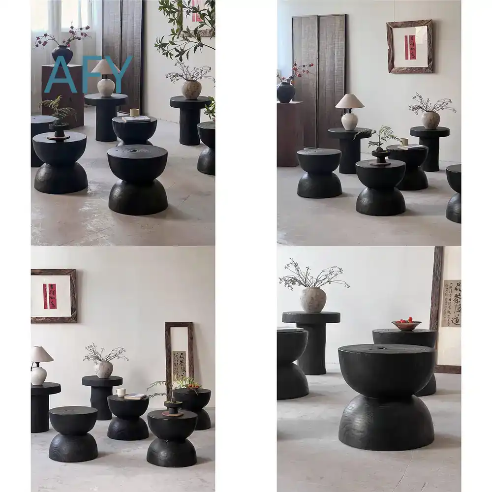 Interior Design Zen Style - 炭化木製スツール、和室・寝室・玄関のインテリアに、禅スタイル・ミニマリスト・侘び寂びのインテリアデザインに最適