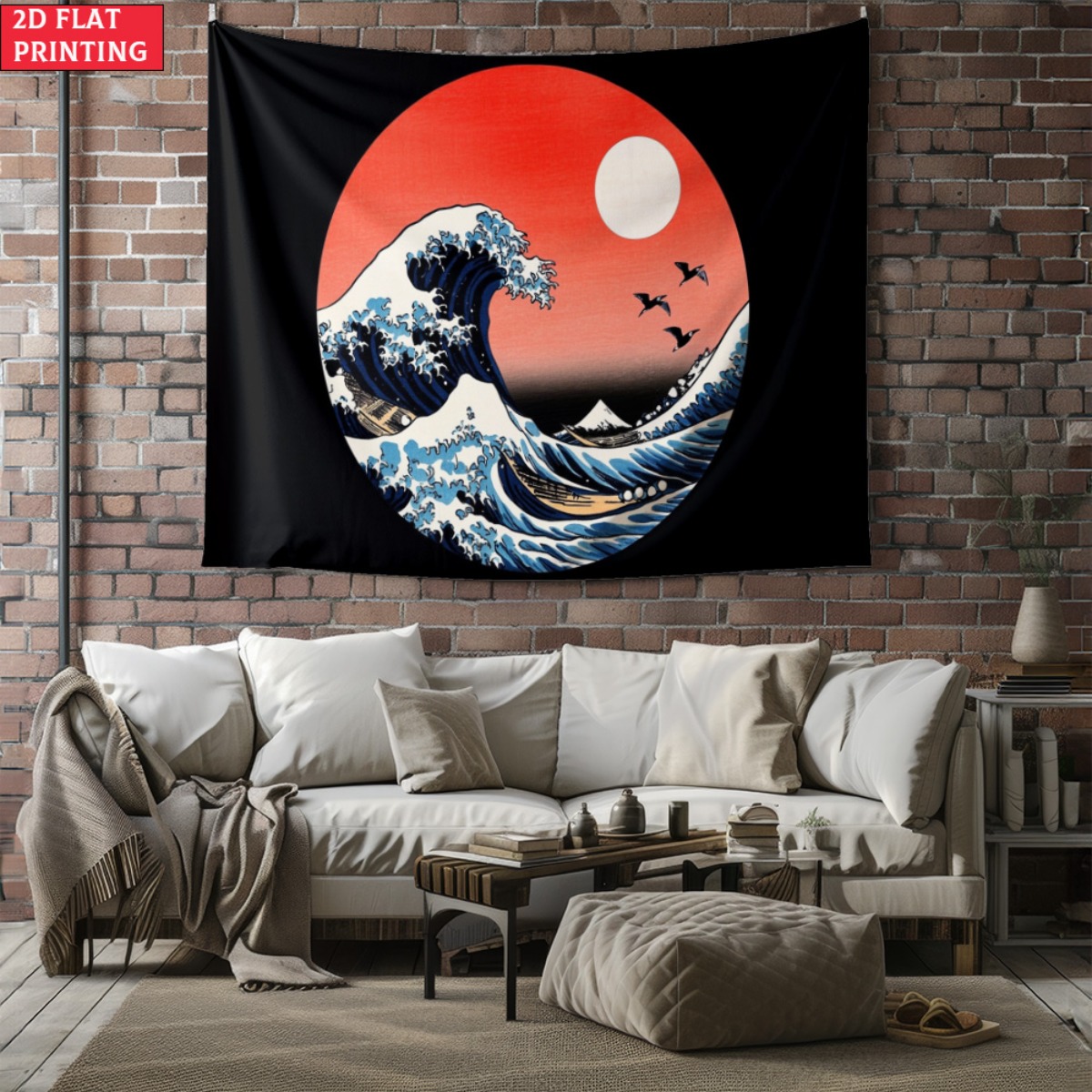Interior Design Zen Style - 額縁なしの日本の波の夕日タペストリー 北斎風アート ウォールデコレーション 禅 日本スタイル ホームインテリアデザイン